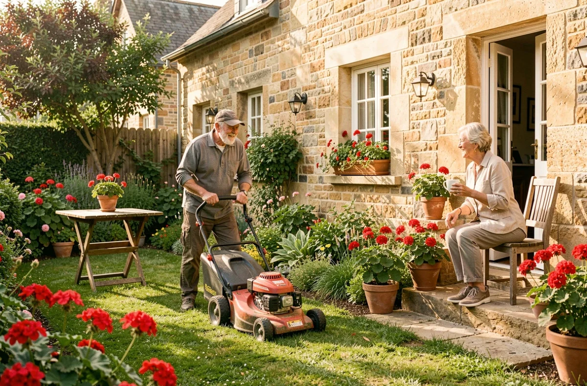 Jardinier à domicile de Pascal à votre service tondant une pelouse dans un jardin résidentiel de Bourgogne pendant qu'une propriétaire observe depuis sa terrasse fleurie de géraniums