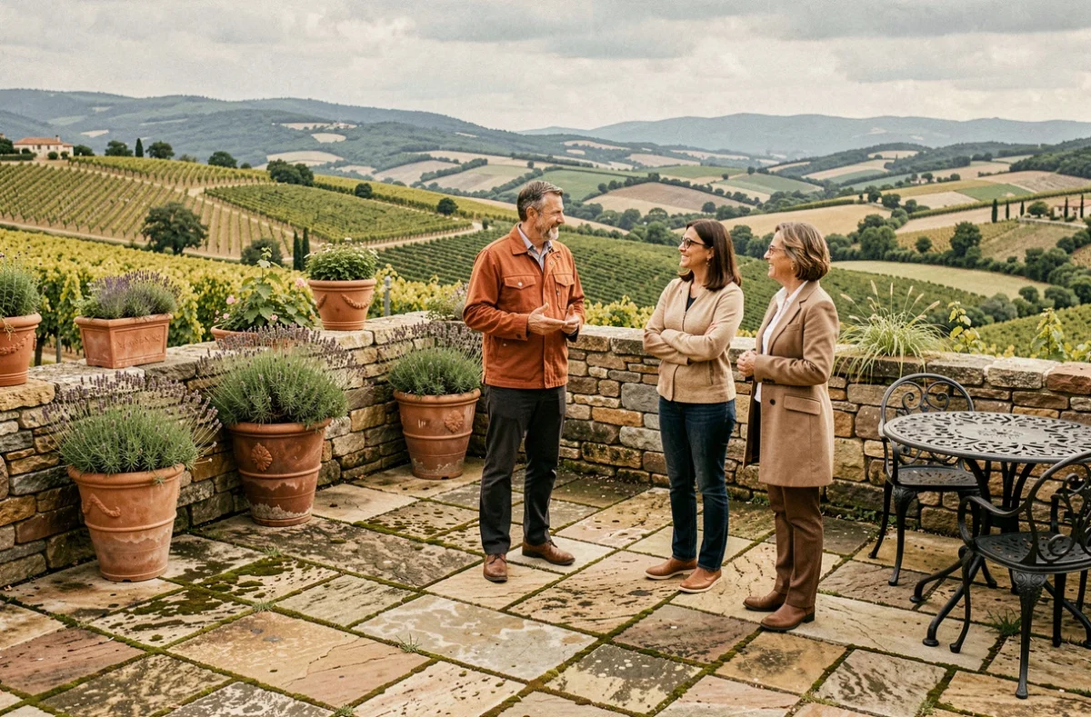 Paysagiste de Paysages d'Oc présentant une terrasse de style occitan en calcaire avec urnes en terre cuite et panorama sur les vignobles de Haute-Garonne