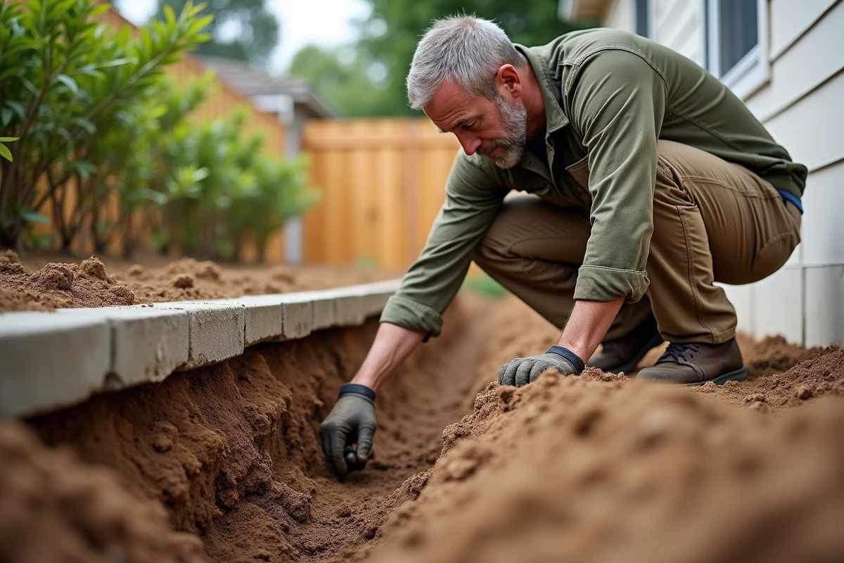 Paysagiste inspectant des racines de laurier rose envahissant les fondations en béton lors d'une excavation de jardin