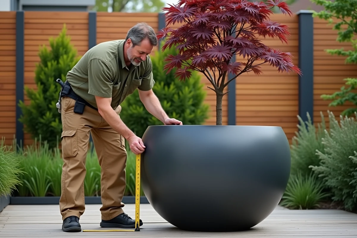 Paysagiste mesurant un grand pot extérieur XXL de 100 cm en fibre de verre pour y planter un érable du Japon