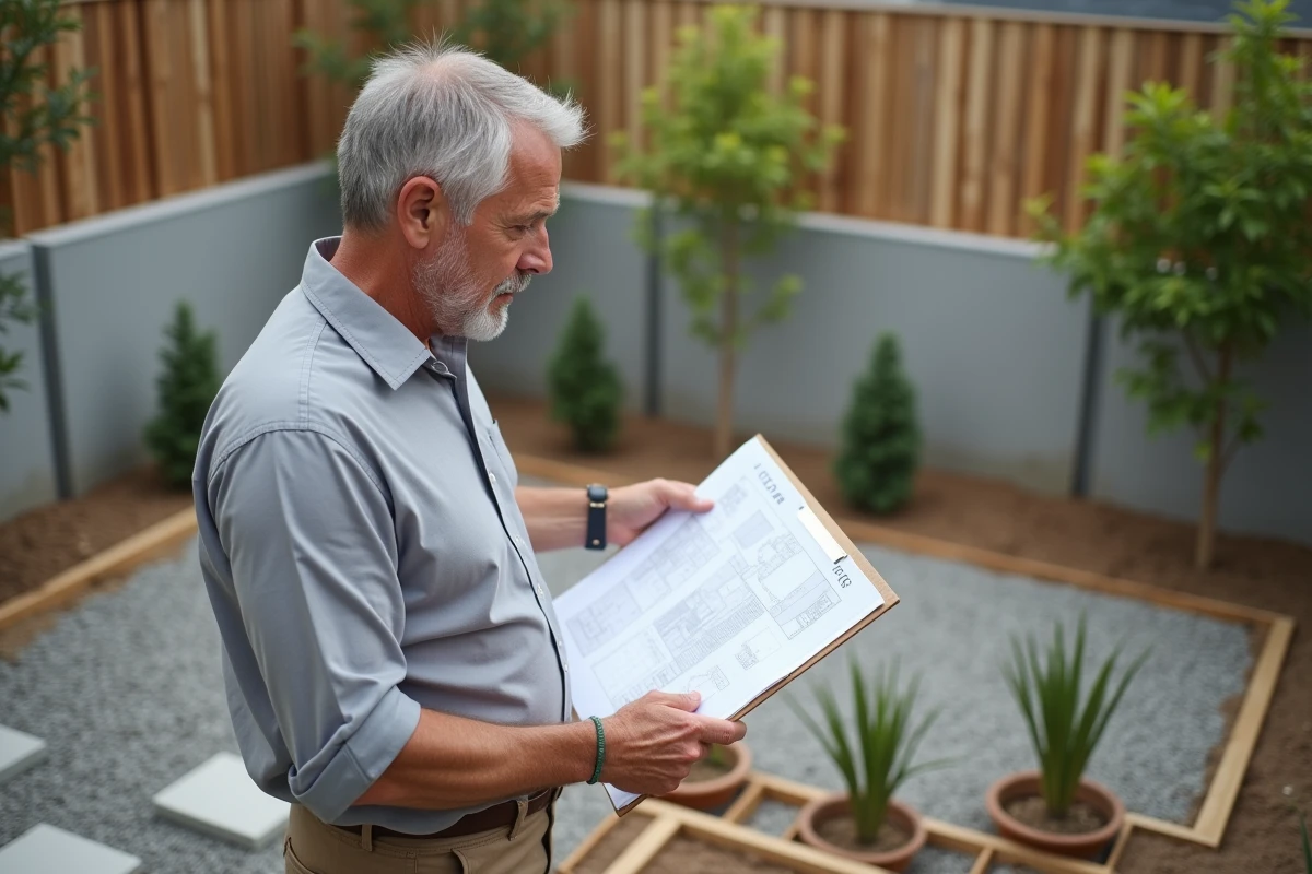 Paysagiste professionnel consultant des plans d'aménagement dans le jardin d'une maison neuve en construction
