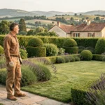 Paysagiste professionnel contemplant un jardin aménagé en Haute-Garonne avec haies taillées et maisons à toits en tuiles en arrière-plan