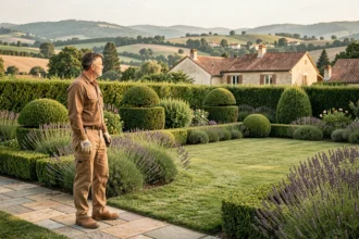 Paysagiste professionnel contemplant un jardin aménagé en Haute-Garonne avec haies taillées et maisons à toits en tuiles en arrière-plan