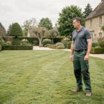 Paysagiste professionnel inspectant un jardin entretenu dans la Sarthe, avec pelouse soignée, haies taillées et maison en pierre en arrière-plan