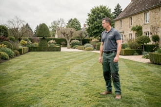 Paysagiste professionnel inspectant un jardin entretenu dans la Sarthe, avec pelouse soignée, haies taillées et maison en pierre en arrière-plan