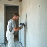 Peintre professionnel appliquant une peinture airless sur un mur intérieur à Le Petit-Quevilly avec une machine à projection sans air