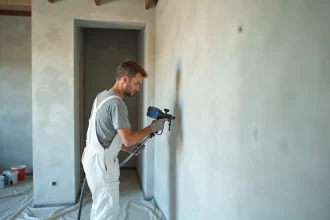 Peintre professionnel appliquant une peinture airless sur un mur intérieur à Le Petit-Quevilly avec une machine à projection sans air