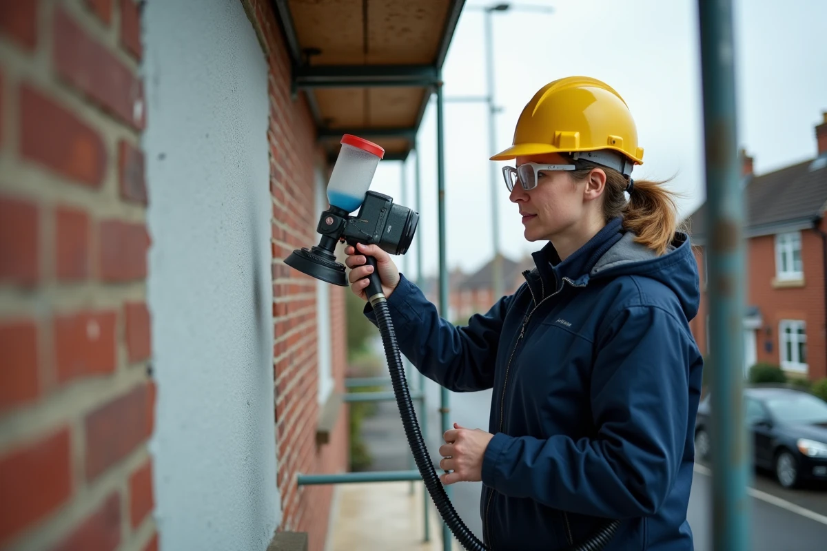 Décoratrice utilisant une machine airless pour la peinture de façade d'un immeuble résidentiel en brique à Le Petit-Quevilly