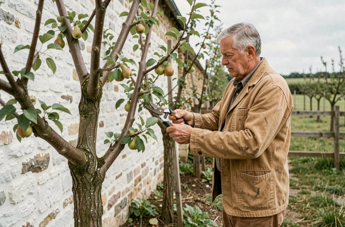 Horticulteur taillant un jeune poirier en espalier à La Pépinière du Fruitier