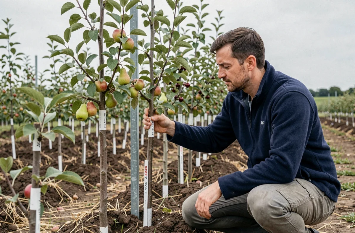 Employé de la Pépinière Fruitière de l'Artois inspectant des greffons de jeunes arbres fruitiers
