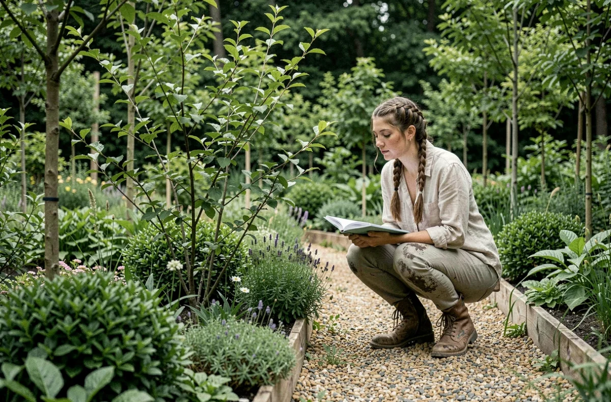 Jeune femme explorant les plantes pour jardins-forêts à la Pépinière pour Jardins-Forêts
