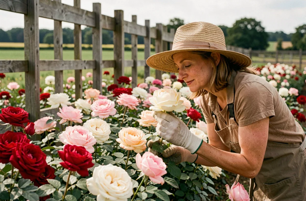 Horticultrice sentant une rose épanouie dans les rangs de la Pépinière Mela Rosa