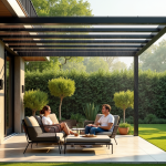 Pergola moderne dans un jardin verdoyant avec deux personnes assises
