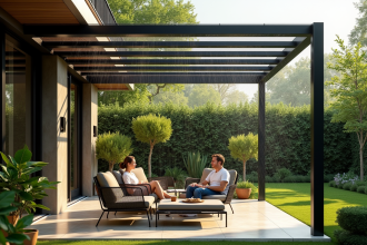 Pergola moderne dans un jardin verdoyant avec deux personnes assises