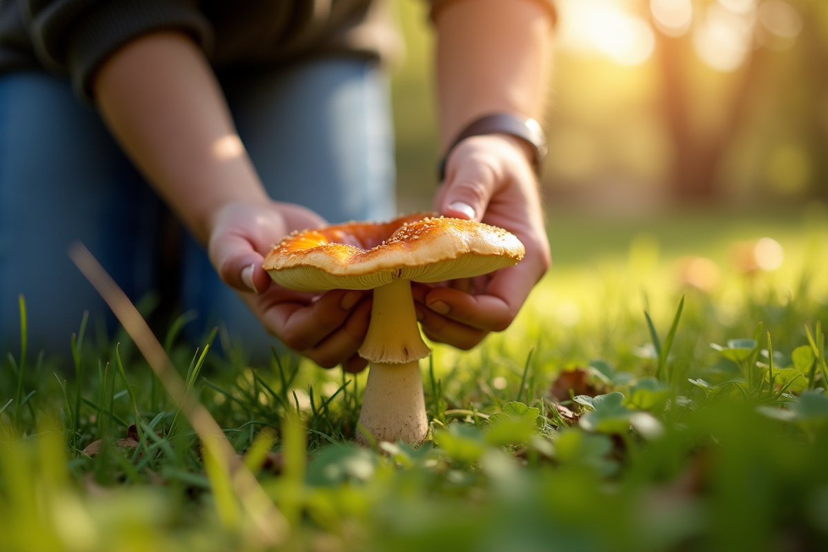 Personne examinant une fausse chanterelle dans le jardin