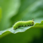 Petite chenille verte sur une feuille de chou dans un potager bio, vue en macro