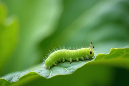 Petite chenille verte sur une feuille de chou dans un potager bio, vue en macro