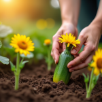 Jardinier plantant des fleurs de zucchini dans la terre