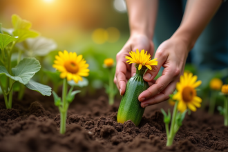 Jardinier plantant des fleurs de zucchini dans la terre
