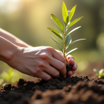 Mains plantant un jeune olivier dans un sol humide en plein jour