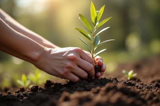 Mains plantant un jeune olivier dans un sol humide en plein jour