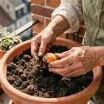 Mains de femme plantant un noyau d'abricot dans un pot en terre cuite sur une terrasse urbaine
