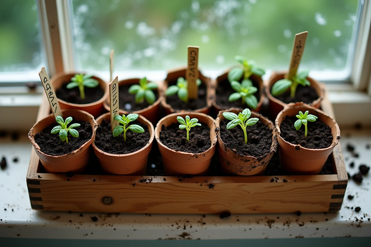 Plants de tomates en godets biodégradables sur un rebord de fenêtre avec étiquettes de variétés