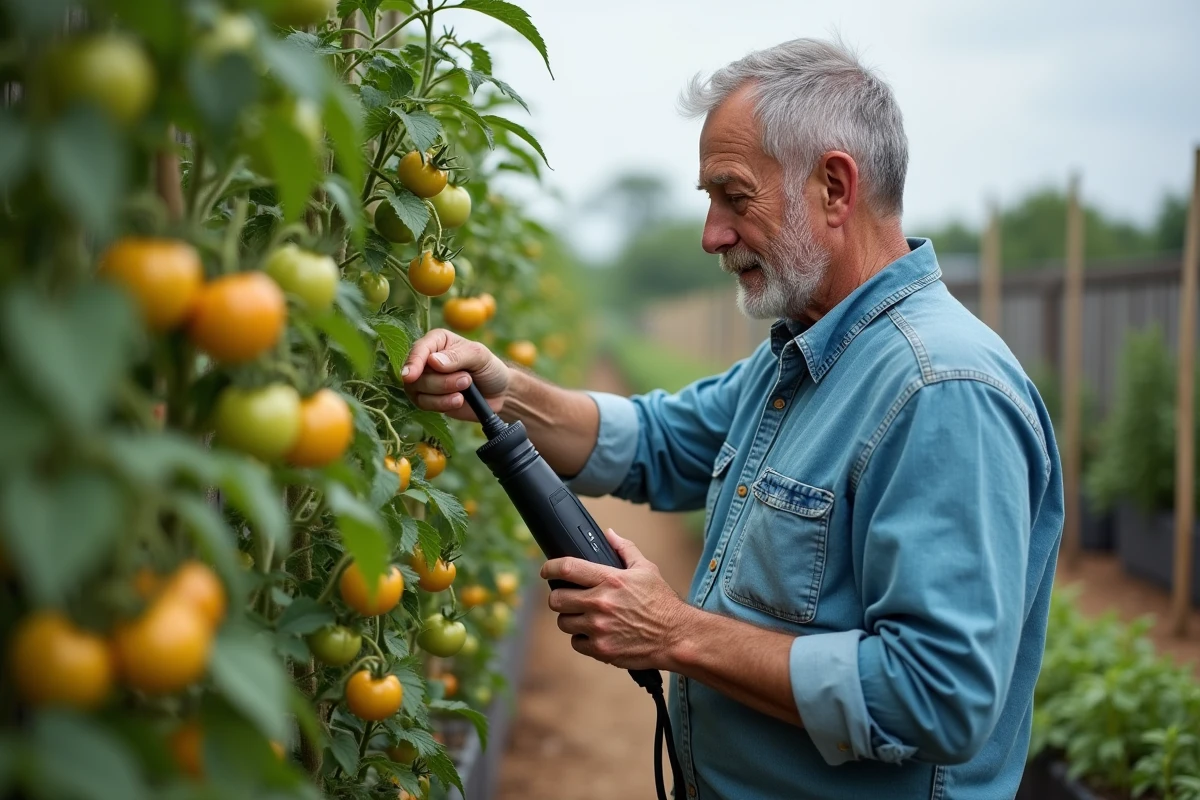 Jardinier utilisant un pollinisateur électrique sur des plants de tomates en plein air