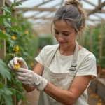 Femme pollinisant des fleurs de tomates avec un pinceau fin dans une serre domestique