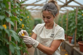 Femme pollinisant des fleurs de tomates avec un pinceau fin dans une serre domestique