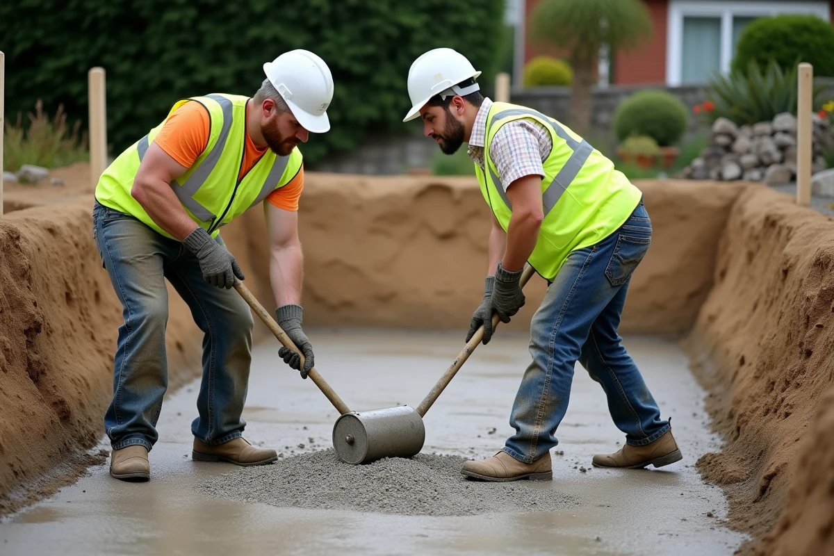 Deux ouvriers posant et compactant une couche de gravier drainant au fond de la fouille pour préparer le lit de pose d'une piscine coque