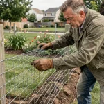 Homme posant un grillage sans ciment dans un jardin en faisant appel à ses propres compétences de bricoleur