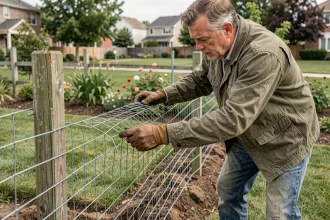 Homme posant un grillage sans ciment dans un jardin en faisant appel à ses propres compétences de bricoleur