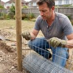 Homme posant un grillage soudé dans un jardin en fixant le panneau métallique sur un poteau en bois