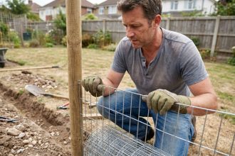 Homme posant un grillage soudé dans un jardin en fixant le panneau métallique sur un poteau en bois