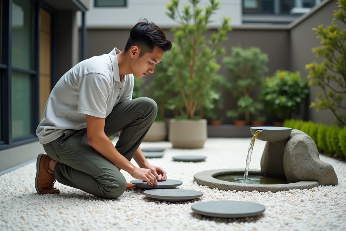 Jeune homme posant des pierres dans un jardin urbain japonais