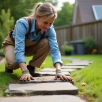 Femme posant des pierres naturelles dans un jardin