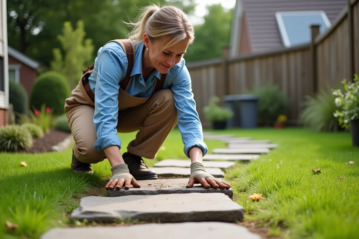 Femme posant des pierres naturelles dans un jardin