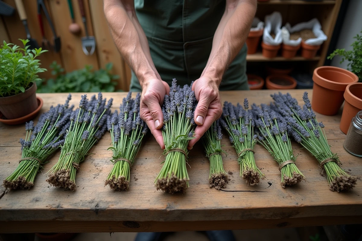 Mains préparant des boutures de lavande sur un établi de jardinage en bois