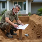 Professionnel du terrassement examinant les plans devant une excavation rectangulaire pour l'installation d'une piscine coque dans un jardin résidentiel