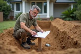 Professionnel du terrassement examinant les plans devant une excavation rectangulaire pour l'installation d'une piscine coque dans un jardin résidentiel