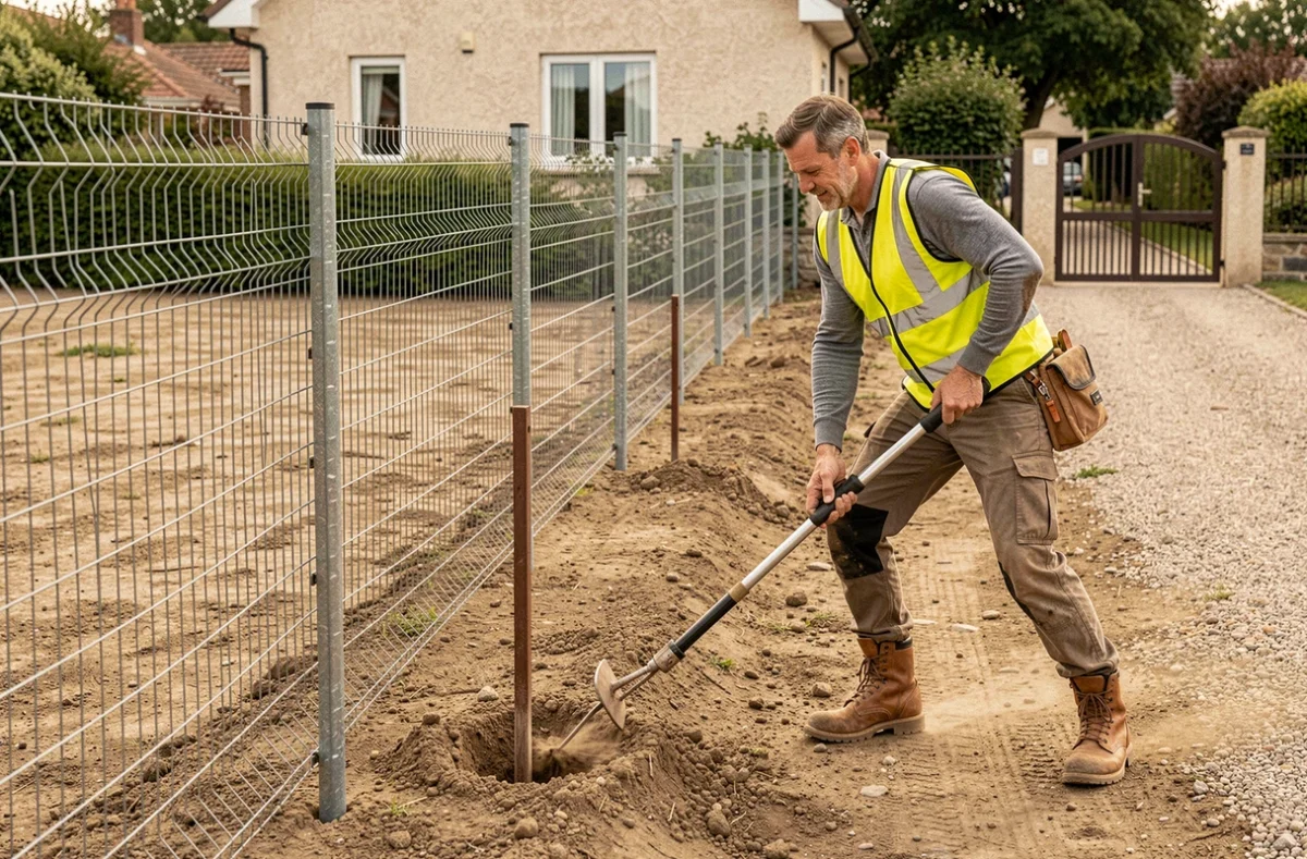 Professionnel de la clôture installant un grillage sans ciment sur la limite d'une propriété résidentielle