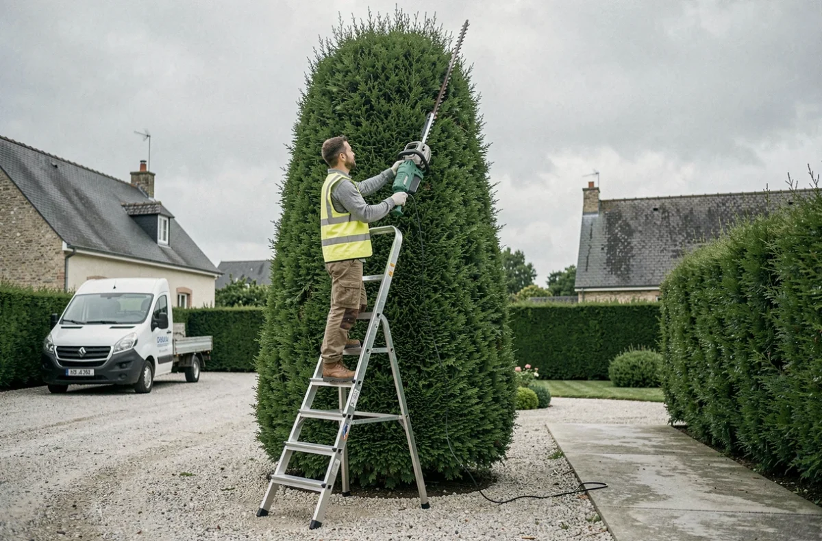 Professionnel du paysage utilisant une taille-haie électrique sur un thuya colonnaire depuis un escabeau