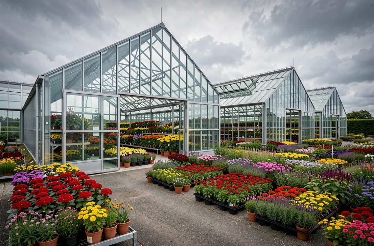 Serres modernes d'Houplines de Promesse de Fleurs avec rangées de plantes en fleurs à l'intérieur