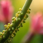 Pucerons verts en gros plan sur une tige de laurier rose, parasite courant du nerium oleander au jardin