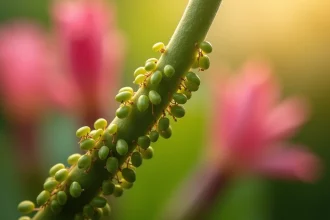 Pucerons verts en gros plan sur une tige de laurier rose, parasite courant du nerium oleander au jardin