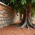Racines de laurier rose exposées au pied d'un mur de fondation en pierre avec fissures visibles dans le mortier