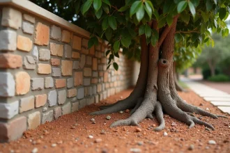 Racines de laurier rose exposées au pied d'un mur de fondation en pierre avec fissures visibles dans le mortier