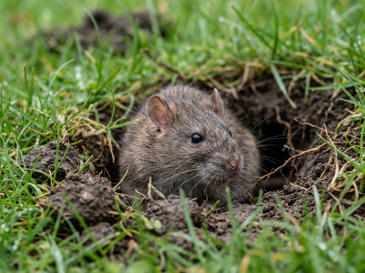Rat des forêts observant prudemment depuis un terrier dans l