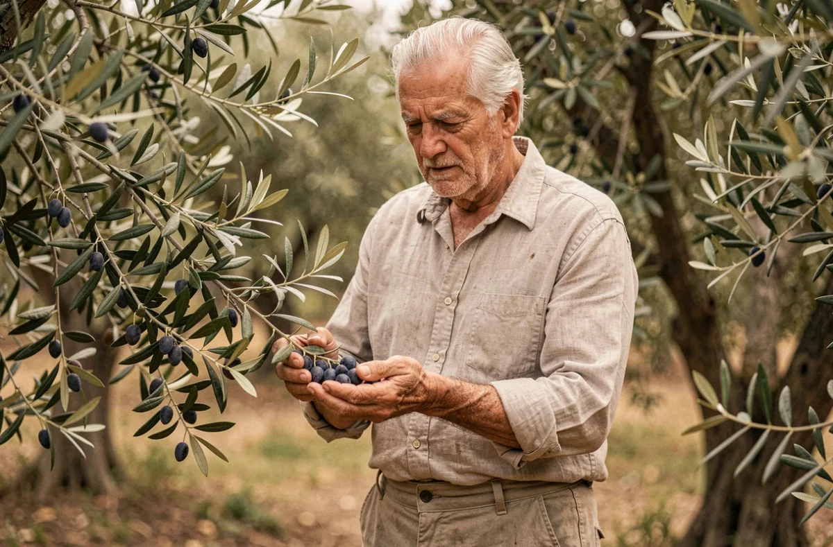 Agriculteur âgé récoltant des olives à la main dans une oliveraie traditionnelle méditerranéenne, geste ancestral chargé de spiritualité